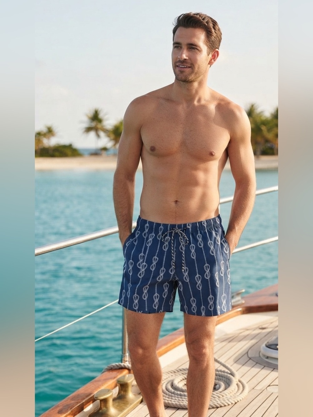 NWOT Sea State Swim Shorts Sz L Drawstring Elastic Waist Sailor Knots Navy